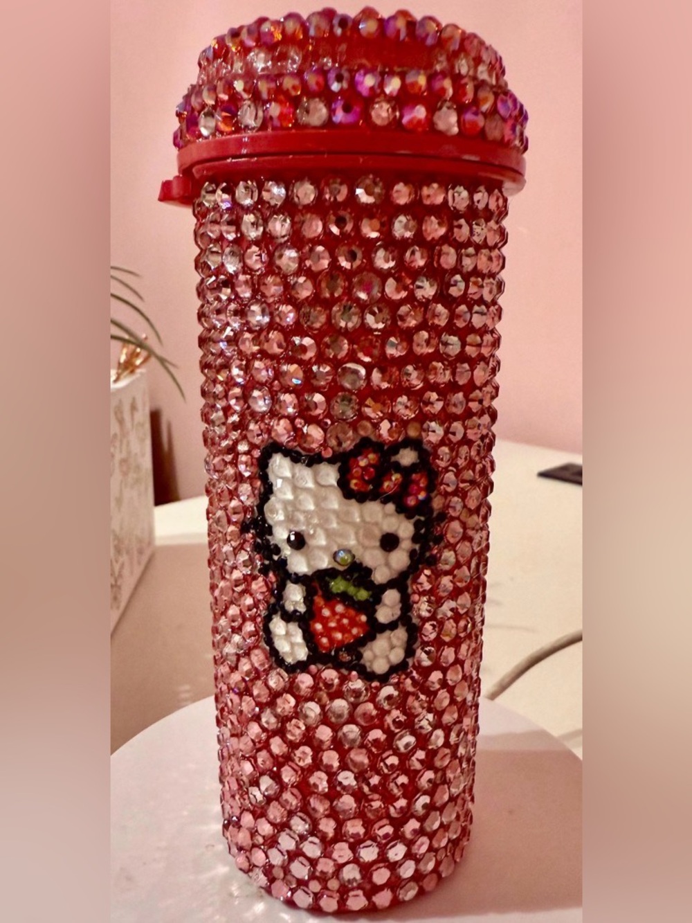 Bedazzled Hello Kitty Pink Crystal Pill Bottle with Strawberry Accent